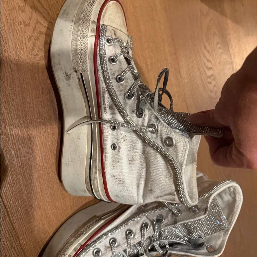 Converse Platform Sneakers in White with Red Trim and Silver Rhinestones